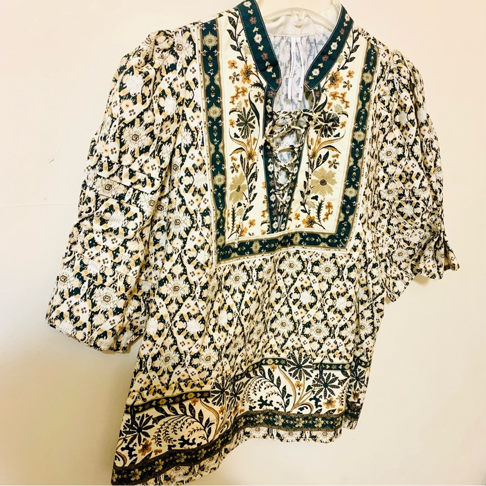 Anthropologie Pleated Puff-Sleeve Blouse Boho Peasant Top - Size Medium - Picture 5 of 16